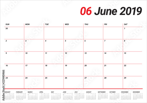 June 2019 desk calendar vector illustration