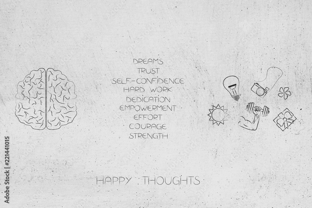 human brain with list of happy attitudes and dream-themed icons