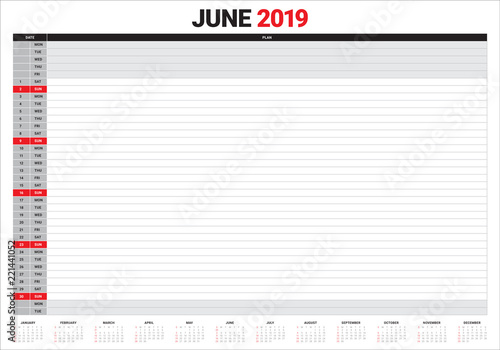 June 2019 desk calendar vector illustration