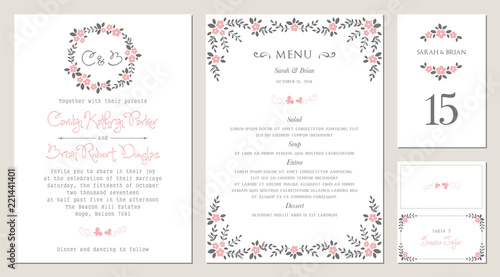 Invitation, menu, table number and name place card design.  Floral wedding templates. 