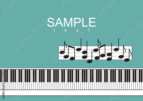 Piano keyboard and notes on green background Vector illustration