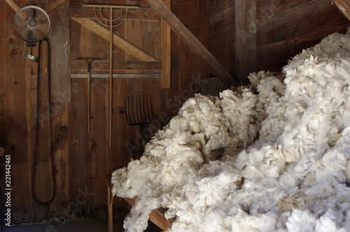 Inside of old barn with Unprocessed sheep wool on table