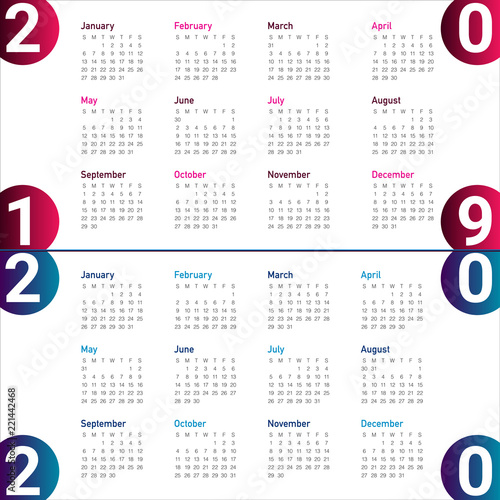 Year 2019 2020 calendar vector design template