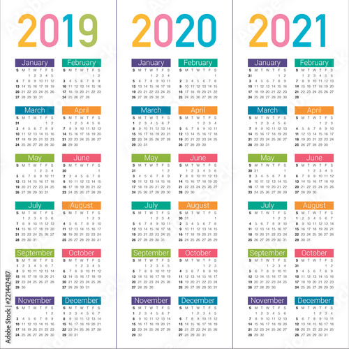 Year 2019 2020 2021 calendar vector design template