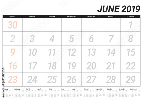 June 2019 desk calendar vector illustration