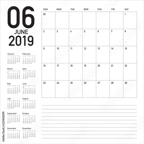 June 2019 desk calendar vector illustration