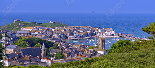 Overlook of the quaint seaside town of St Ives on the Celtic Sea coastline of Cornwall, England