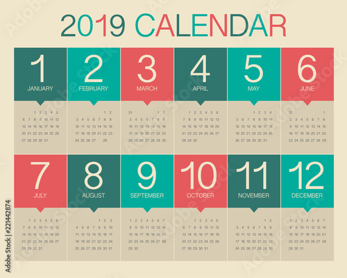 Year 2019 calendar vector design template
