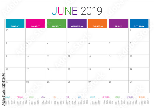 June 2019 desk calendar vector illustration