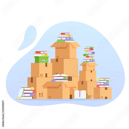 Pile of cardboard boxes and books. Unorganized concept. Pile of stacked cardboard boxes. Moving to a new house with books