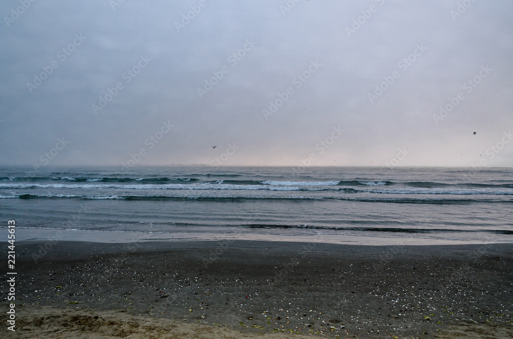 Beach of Black Sea from Mamaia, Romania with water and sand, foggy day