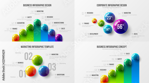 Premium quality marketing analytics presentation vector illustration template. Business data visualization creative design layout. Amazing colorful corporate statistics information infographic set.