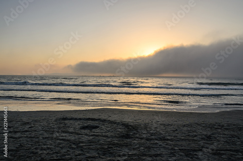 Beach of Black Sea from Mamaia  Romania with water and sand  foggy day