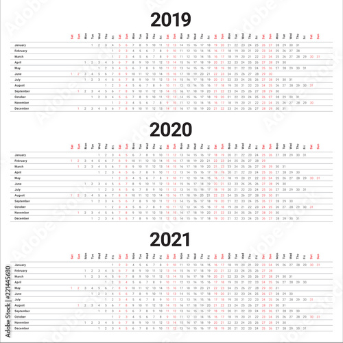 Year 2019 2020 2021 calendar vector design template