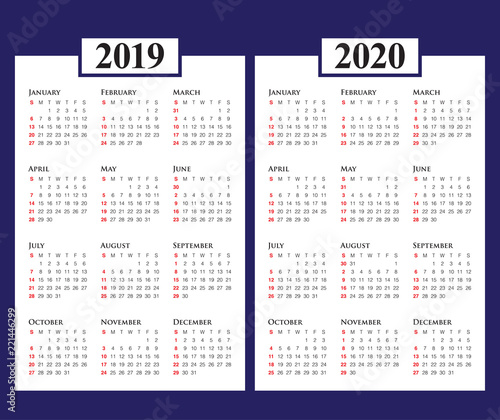 Year 2019 2020 calendar vector design template