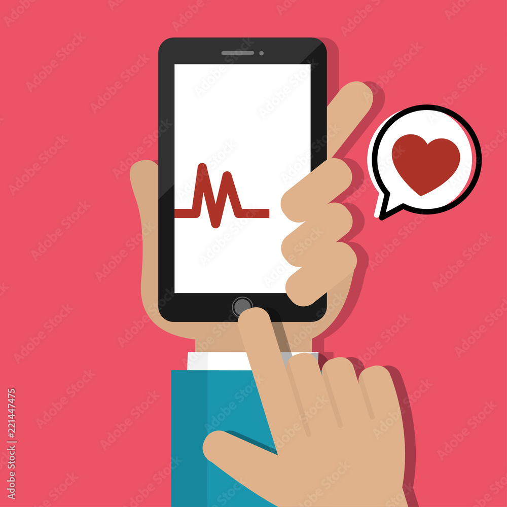 Hand holding mobile phone with vital signs check function, medical icon. Flat style vector illustration Hand holding mobile phone with vital signs check function, medical icon. Flat style vector illustration