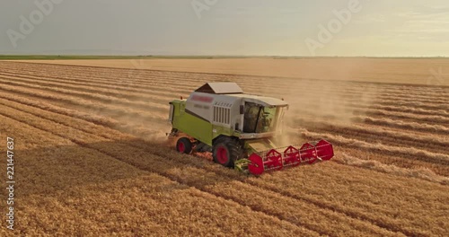 Aerial shot of a combine harvester in action on wheat field.