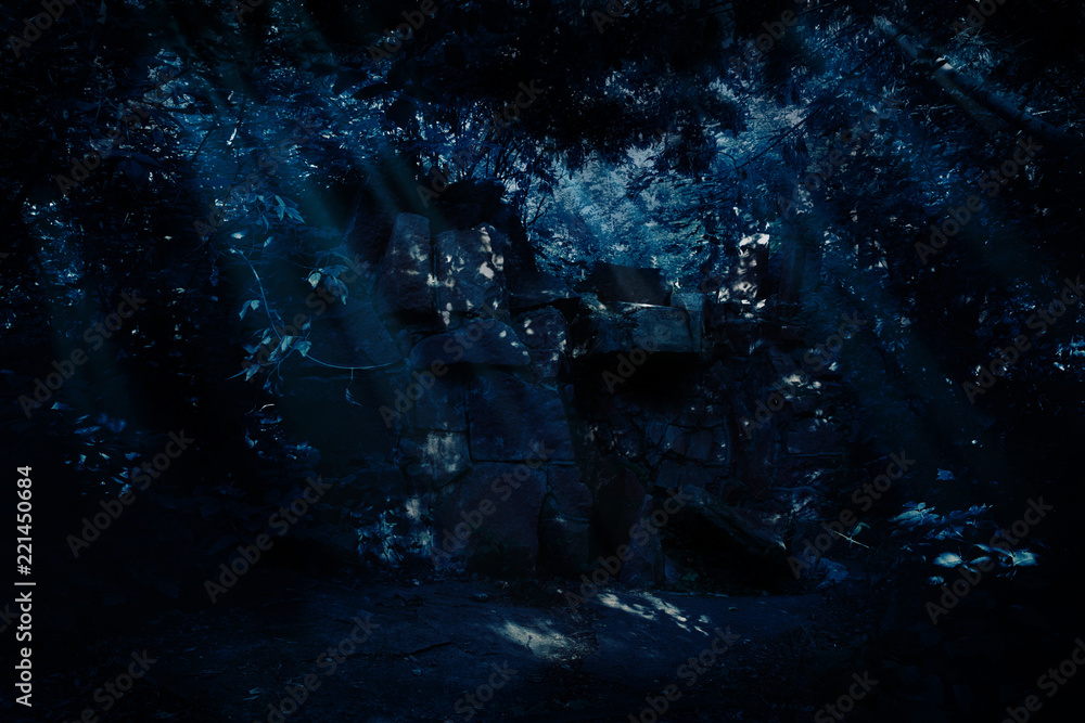 Ruins in night forest Ruins in night forest