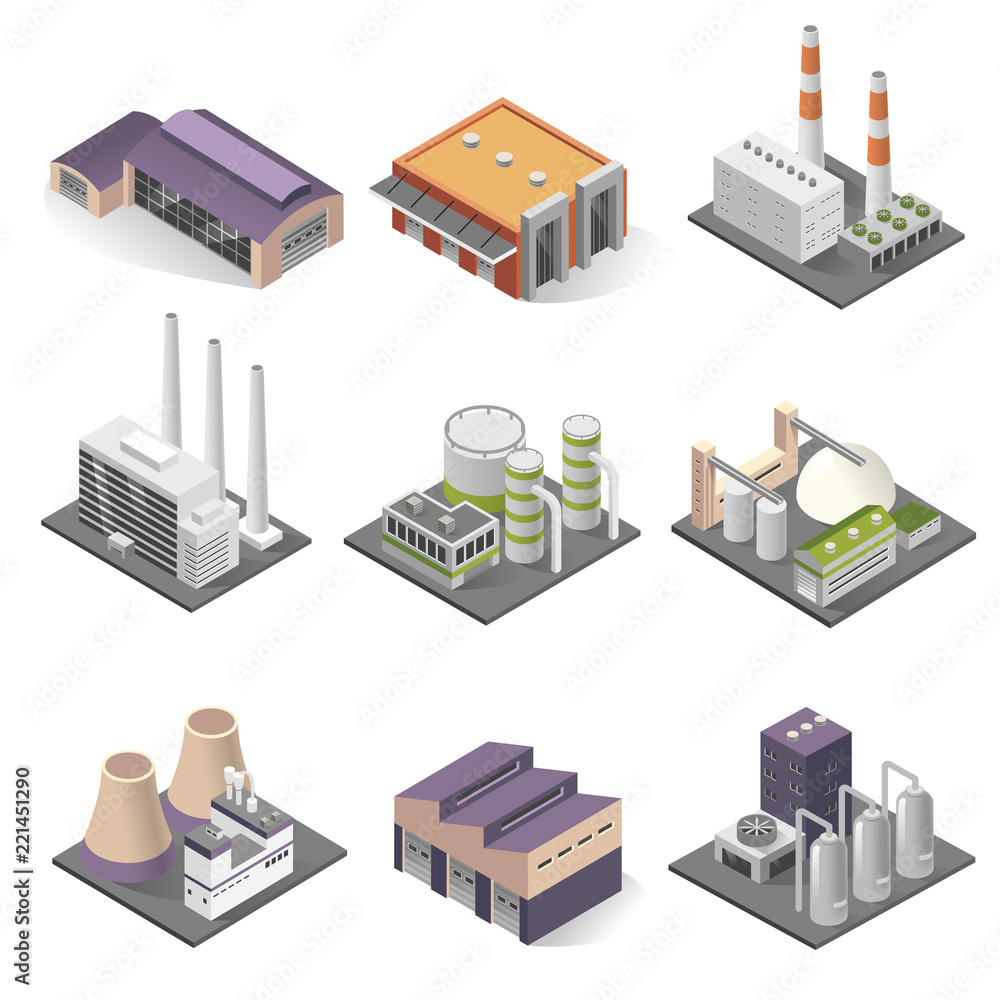 Industrial building and factory architecture sometric set
