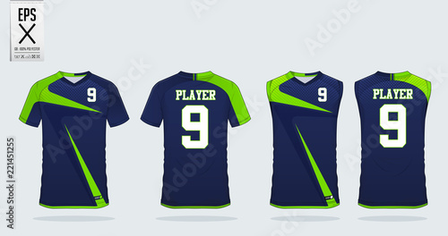 Blue and green T-shirt sport design template for soccer jersey, football kit and tank top for basketball jersey. Sport uniform in front and back view. Sport shirt mock up for sport club. Vector.