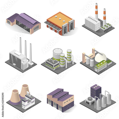 Industrial building and factory architecture sometric set
