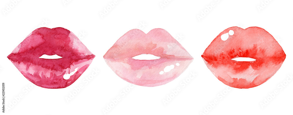 Fototapeta Women's lips set. Hand drawn watercolor lips isolated on white background. Fashion and beauty illustration. Sexy kiss. Design for beauty salon, make-up studio, makeup artist, meeting website.