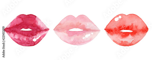 Fototapeta Women's lips set. Hand drawn watercolor lips isolated on white background. Fashion and beauty illustration. Sexy kiss. Design for beauty salon, make-up studio, makeup artist, meeting website. 
