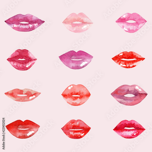Women's lips set. Hand drawn watercolor lips isolated on white background. Fashion and beauty illustration. Sexy kiss. Design for beauty salon, make-up studio, makeup artist, meeting website. 