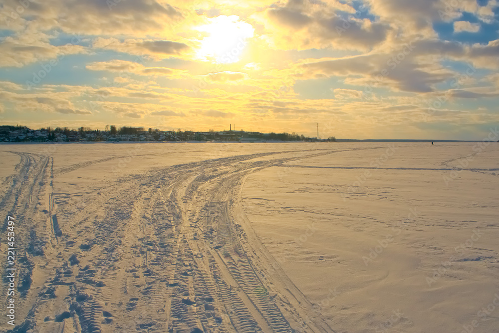 View of the frozen Volga river in winter in Kostroma, Russia.