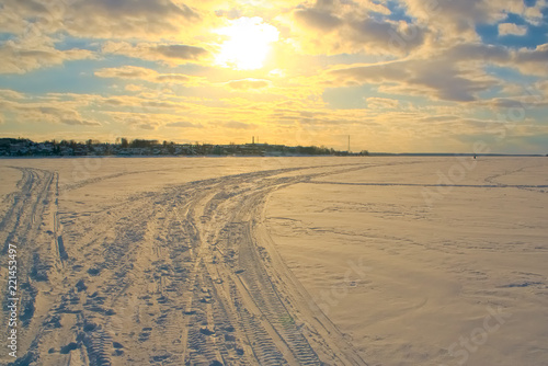 View of the frozen Volga river in winter in Kostroma, Russia.