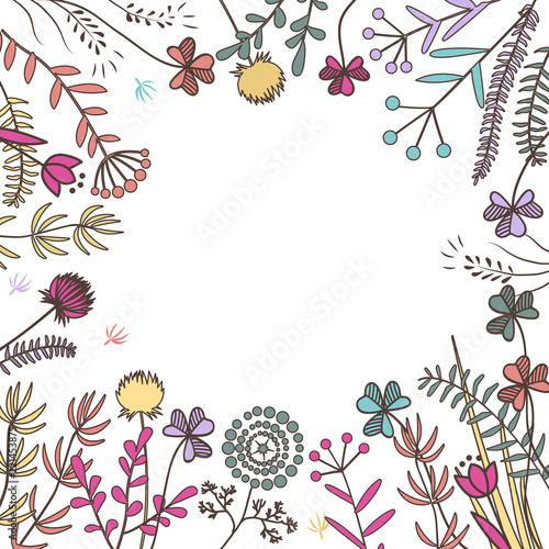 Square frame with meadow herbs. Raster illustration