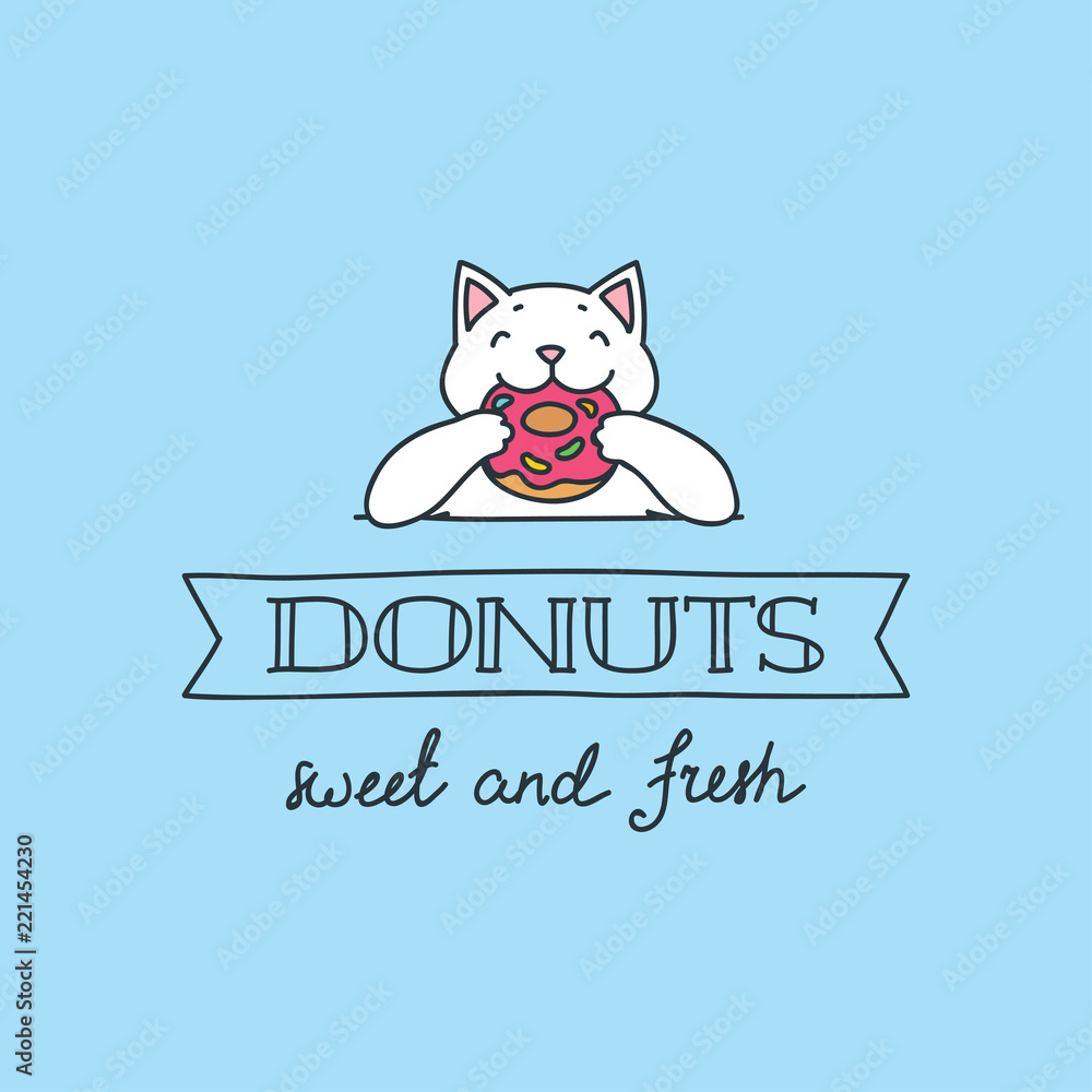 Donuts - sweet and fresh. Donut shop flyer template with happy cat enjoying donut. Can be used for invitation and promo. Vector illustration 8 EPS
Donuts - sweet and fresh. Donut shop flyer template with happy cat enjoying donut. Can be used for invitation and promo. Vector illustration 8 EPS