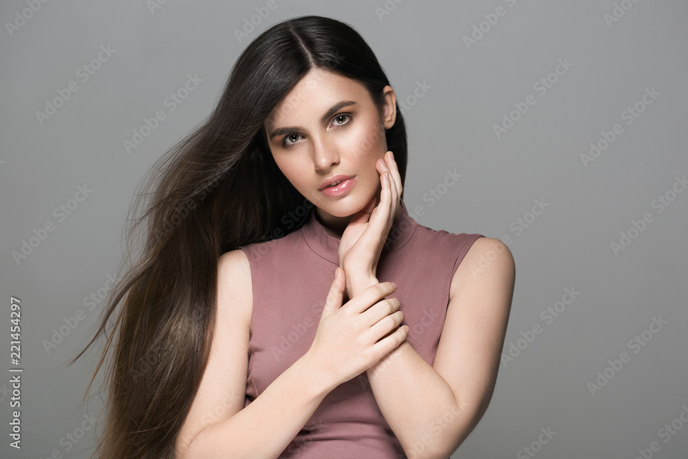 Beautiful hairstyle woman portrait, long brunette hair beauty female