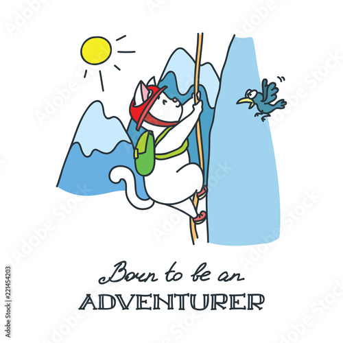 Born to be an adventurer. Cute white climber cat climbing to summit of mountain. Vector illustration 8 EPS.