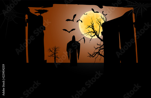 Death with a scythe in front of an open gate against a full moon background