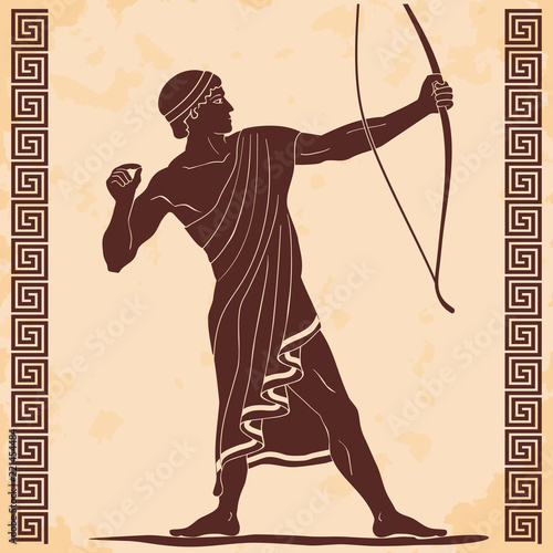 Ancient Greek warrior with a weapon on a beige background with the effect of aging.Archer with a bow in his hands.