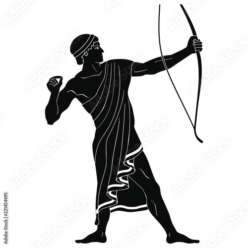 Ancient Greek warrior with a weapon isolated on a white background. Archer with a bow in his hands.