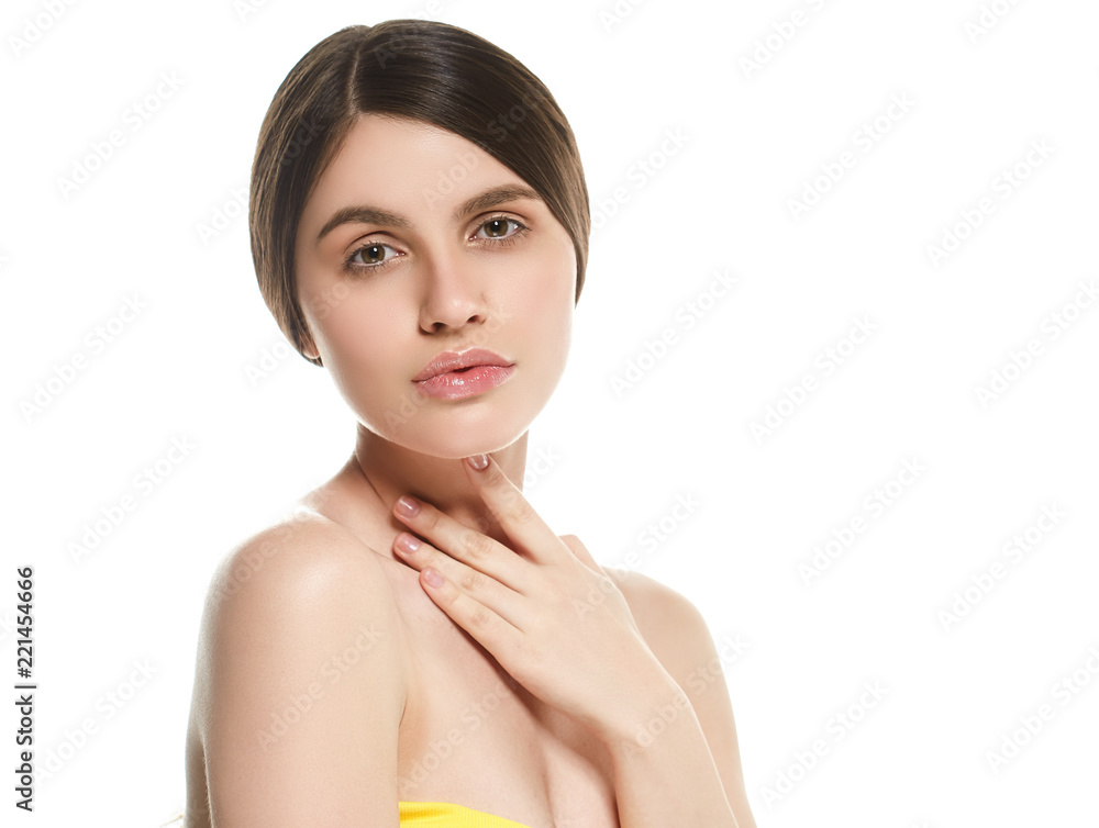 Beautiful natural skin makeup helathy skin care face brunette woman Beautiful natural skin makeup helathy skin care face brunette woman
