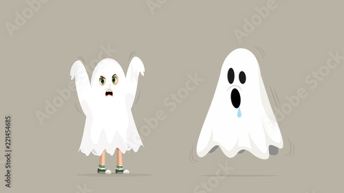 A boy under a white cloth is tricked into scaring ghosts.
