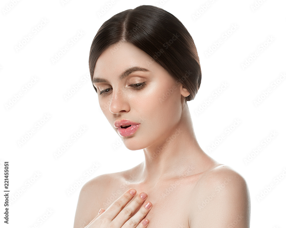 Beautiful natural skin makeup helathy skin care face brunette woman Beautiful natural skin makeup helathy skin care face brunette woman