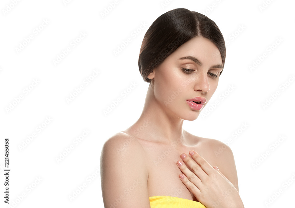 Beautiful natural skin makeup helathy skin care face brunette woman Beautiful natural skin makeup helathy skin care face brunette woman