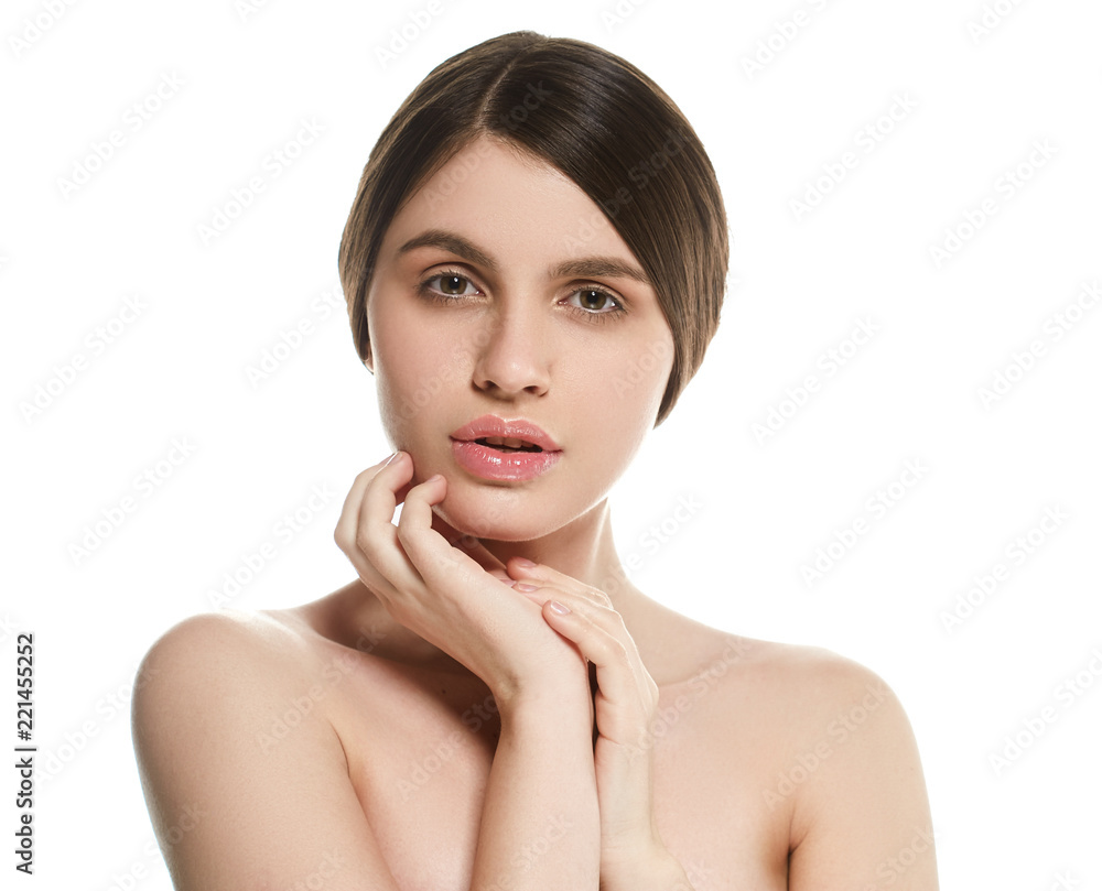 Beautiful natural skin makeup helathy skin care face brunette woman Beautiful natural skin makeup helathy skin care face brunette woman