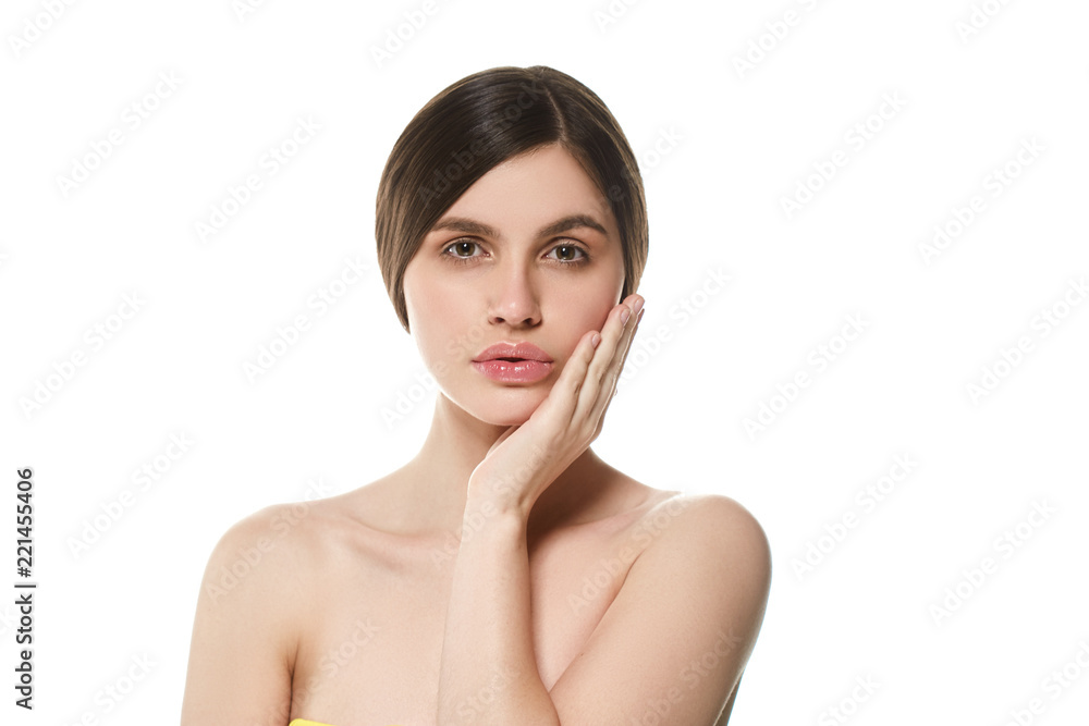 Beautiful natural skin makeup helathy skin care face brunette woman Beautiful natural skin makeup helathy skin care face brunette woman
