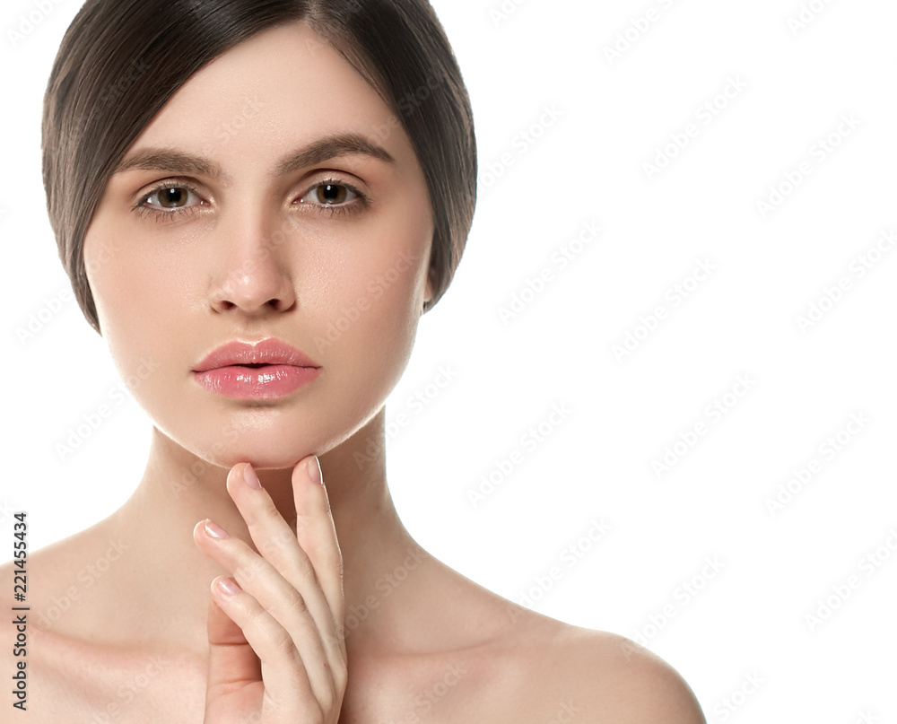 Beautiful natural skin makeup helathy skin care face brunette woman Beautiful natural skin makeup helathy skin care face brunette woman