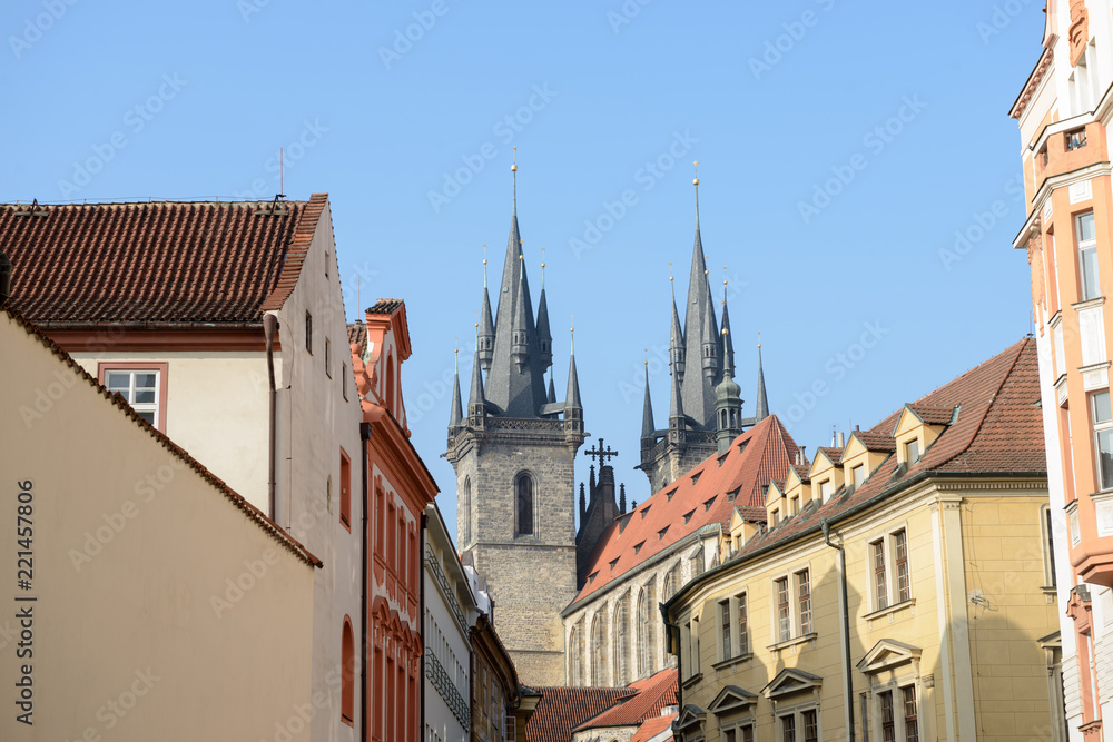 Stupartska Street toward Tyn Church in Prague, Czech Republic.