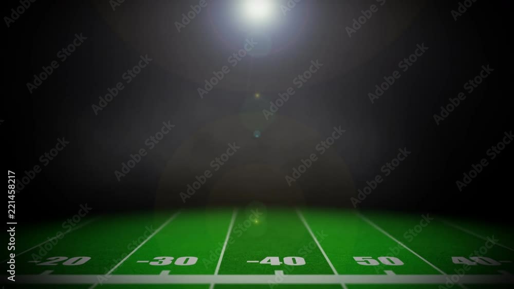 An animated American football field background with dramatic smoke and lens flare.