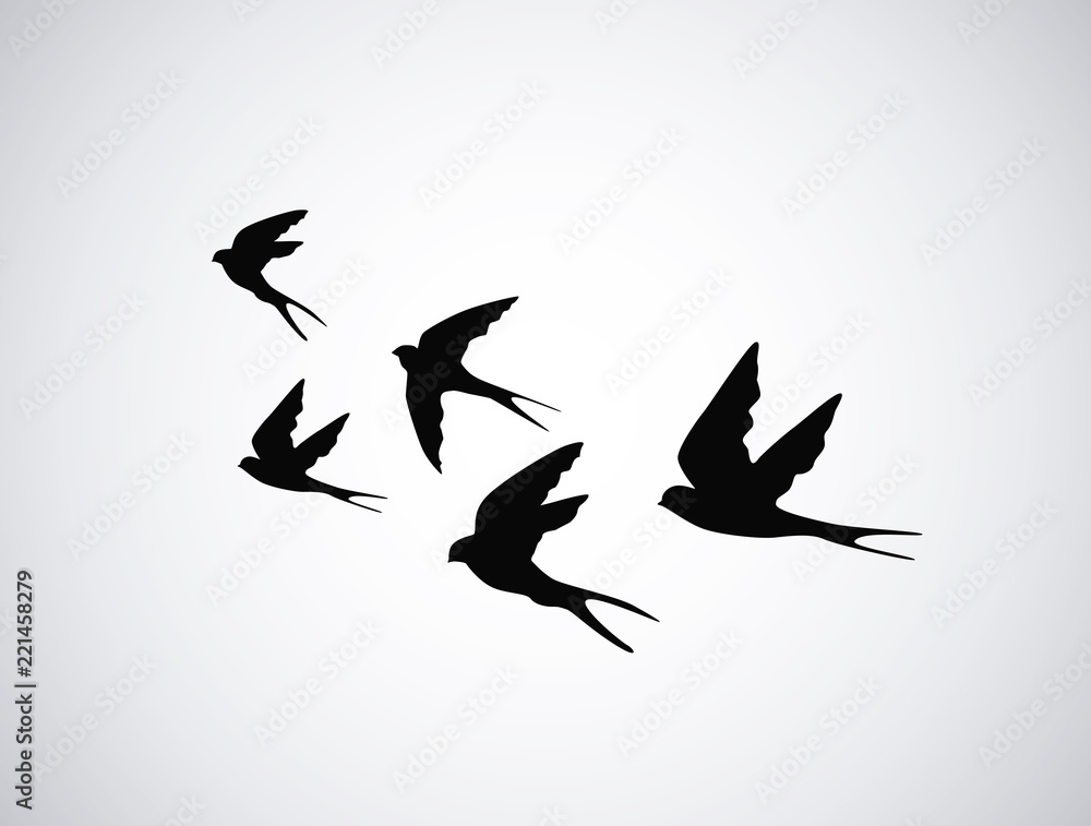 Vector silhouette flying birds on white background. Tattoo Stock Vector