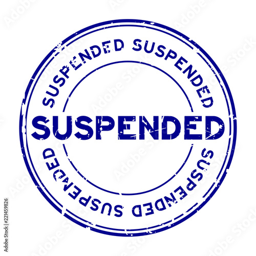 Grunge blue suspended round rubber seal stamp on white background