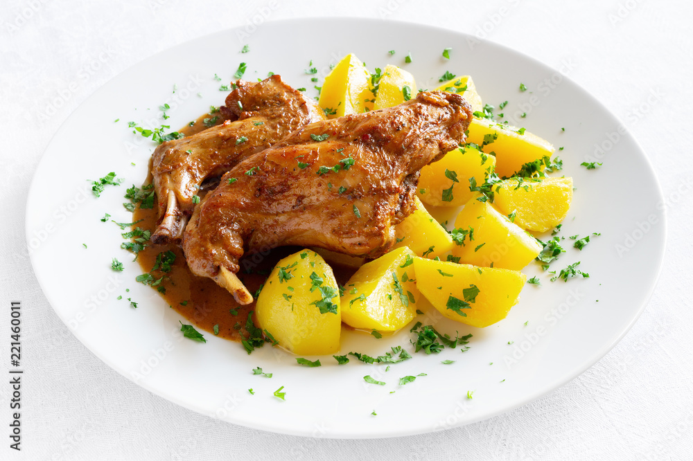 marinated and stewed in white wine with spices and herbs rabbit garished with potato sprinkled with parsley marinated and stewed in white wine with spices and herbs rabbit garished with potato sprinkled with parsley