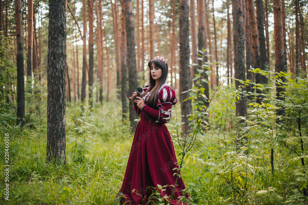 A beautiful girl with black long hair in a medieval, red dress with a crown on her head walks in the forest. Fairy-tale princess. Fantasy